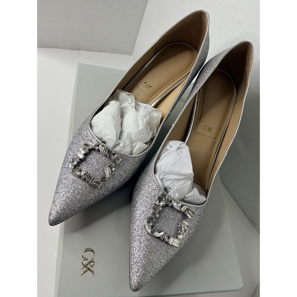 Silver Glitter Gem Kitten Heel Pump EU 41 Bridal Charles & Keith Elegant Wedding - Picture 2 of 8